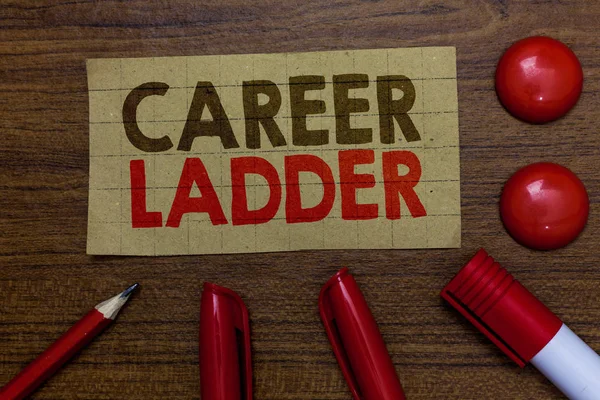 Handwriting text writing Career Ladder. Concept meaning Job Promotion Professional Progress Upward Mobility Achiever Paperboard markers pencil wooden background communicating ideas red balls. — Stock Photo, Image