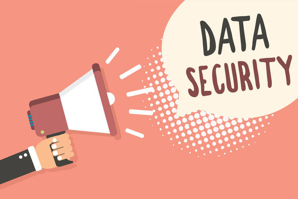 Conceptual hand writing showing Data Security. Business photo showcasing Confidentiality Disk Encryption Backups Password Shielding Man holding megaphone speech bubble pink background halftone.