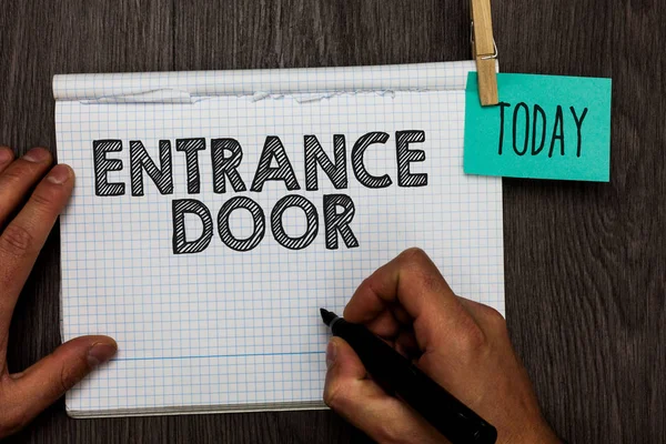 Handwriting text writing Entrance Door. Concept meaning Way in Doorway Gate Entry Incoming Ingress Passage Portal Open notebook clothespin holding reminder clothespins clips wooden table.