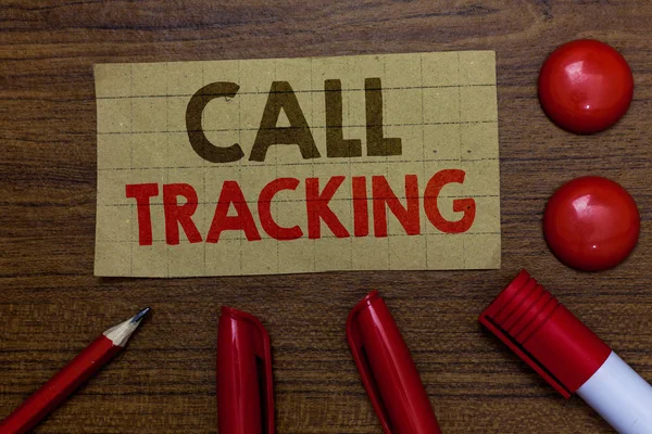 Handwriting text writing Call Tracking. Concept meaning Organic search engine Digital advertising Conversion indicator Paperboard markers pencil wooden background communicating ideas red balls.