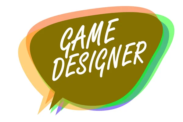 Kata menulis teks Game Designer. Konsep bisnis untuk Pemrogram Skrip Pixel Campaigner Konsol Grafik 3D Pidato gelembung ide bayangan niat penting untuk mengatakan . — Stok Foto