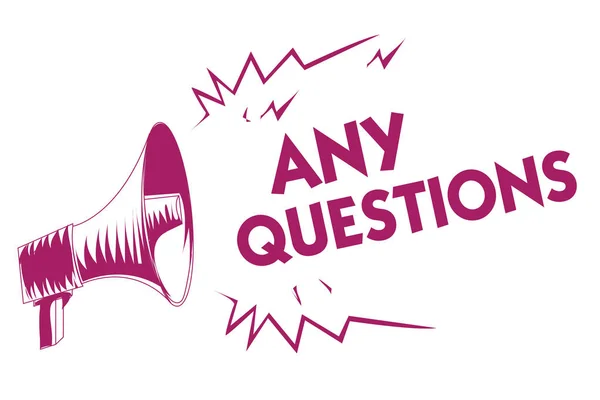 Conceptual hand writing showing Any Questions. Business photo showcasing Clueless Blank face Inquiry Disputes Probes Issues Riddles Purple megaphone important message screaming speaking loud. — Stock Photo, Image