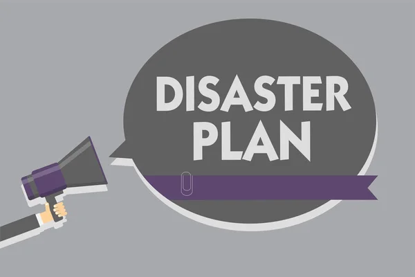 Text sign showing Disaster Plan. Conceptual photo Respond to Emergency Preparedness Survival and First Aid Kit Man holding megaphone loudspeaker speech bubble message speaking loud.