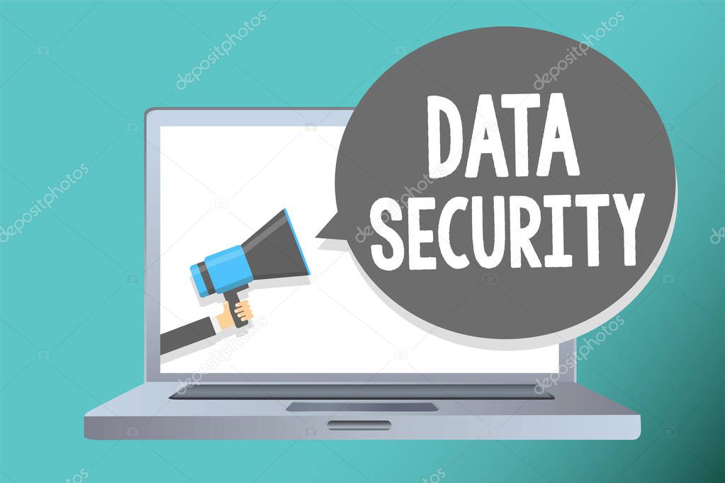 Handwriting text writing Data Security. Concept meaning Confidentiality Disk Encryption Backups Password Shielding Man holding megaphone loudspeaker speech bubble message speaking loud.