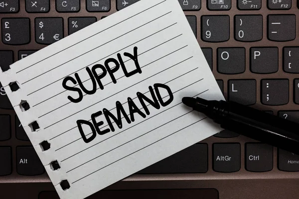 Text sign showing Supply Demand. Conceptual photo Relationship between the amounts available and wanted Notebook piece paper keyboard Inspiration ideas Type computer black marker.