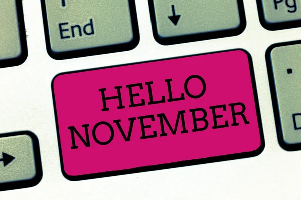Escritura a mano conceptual que muestra Hello November. Muestra de fotos de negocios Bienvenido el undécimo mes del año Mes antes de diciembre — Foto de Stock