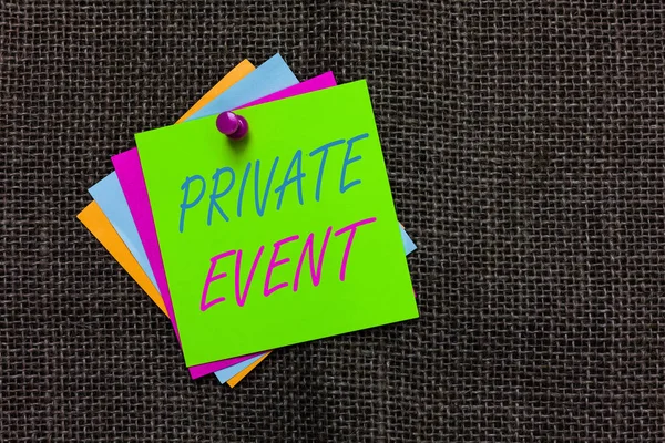 Word writing text Private Event. Business concept for Exclusive Reservations RSVP Invitational Seated Paper notes Important reminders Communicate ideas messages Jute background. — Stock Photo, Image