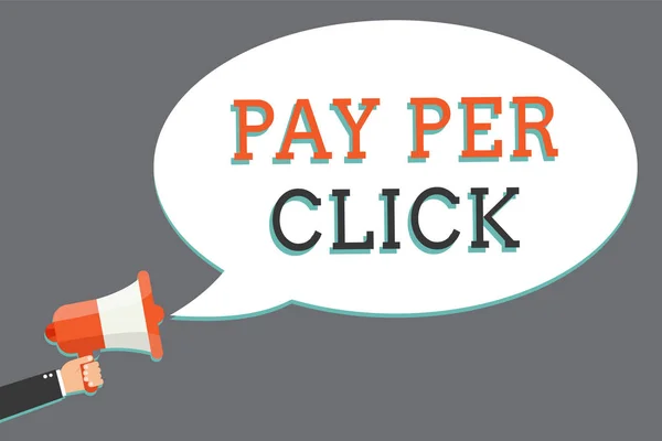 Word Pay Per Click tekst schrijven. Bedrijfsconcept voor Internet reclame Model Search Engine marketing strategie Man houden megafoon luidspreker toespraak bubble boodschap luid spreken. — Stockfoto