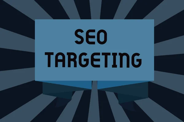 Signo de texto que muestra Seo Targeting. Foto conceptual Palabras clave específicas para la ubicación Página de aterrizaje Dominio superior — Foto de Stock