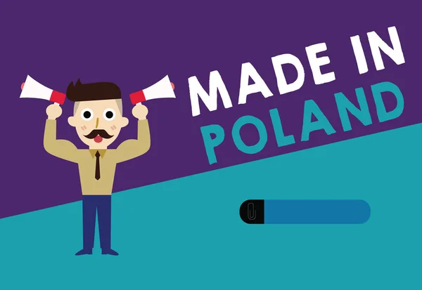 Nota de escritura que muestra Made In Poland. Muestra de fotos de negocios Un producto o algo que se fabrica en Polonia —  Fotos de Stock