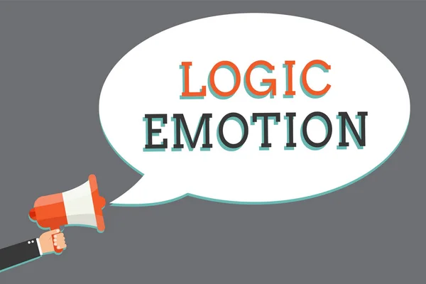 Word writing text Logic Emotion. Business concept for Unpleasant Feelings turned to Self Respect Reasonable Mind Man holding megaphone loudspeaker speech bubble message speaking loud.