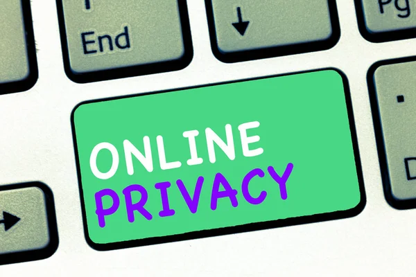 Schrijven van notitie weergegeven: Online Privacy. Zakelijke foto presentatie van beveiligingsniveau van persoonlijke gegevens gepubliceerd via het Internet — Stockfoto