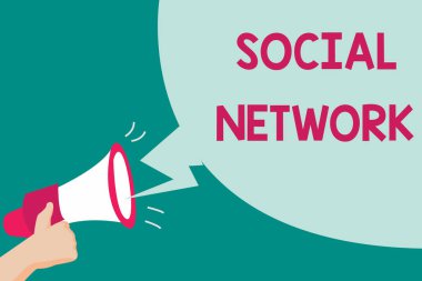 Kavramsal el sosyal ağ gösterilen yazma. İş fotoğraf metin etkileşimleri paylaşımı bilgi kişilerarası ilişki