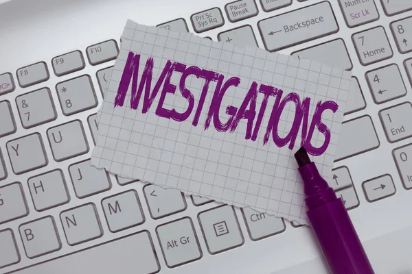 Conceptual hand writing showing Investigations. Business photo text The formal action or systematic examination about something — Stock Photo, Image