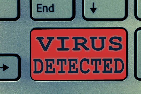 Schrijfbriefje met Virus gedetecteerd. Zakelijke foto presentatie Een computerprogramma dat wordt gebruikt om malware te voorkomen en te verwijderen — Stockfoto