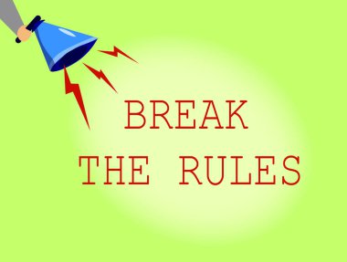 Kavramsal el Break The Rules gösterilen yazma. Resmi kuralları ve kısıtlamaları karşı bir şeyler yapmak için vitrine iş fotoğraf
