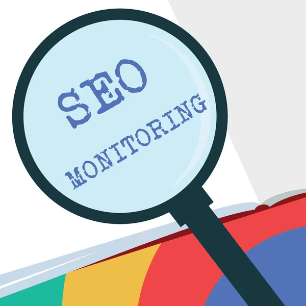 Signo de texto que muestra Seo Monitoring. Foto conceptual Seguimiento del progreso de la estrategia realizada en la plataforma — Foto de Stock