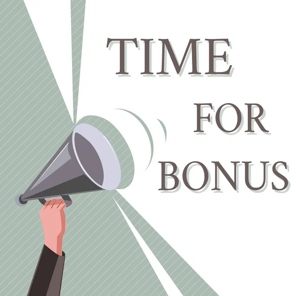 Nota de escrita mostrando Time For Bonus. Foto de negócios mostrando uma soma de dinheiro adicionada a um salário de pessoas como recompensa — Fotografia de Stock