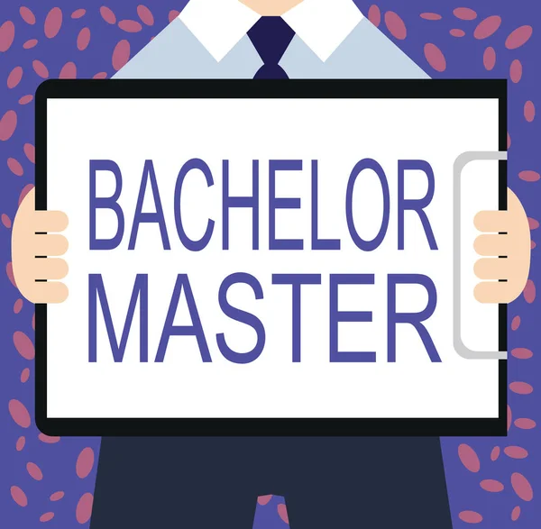 Escribiendo nota mostrando Bachelor Master. Muestra de fotos de negocios Un grado avanzado completado después de licenciatura — Foto de Stock