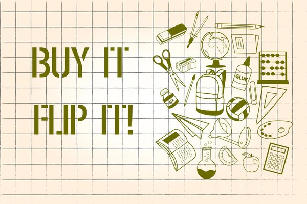Word pisanie tekstu kupić to Flip to koncepcja biznesowa dla Kupię coś naprawić je potem sprzedać je za więcej zysku — Zdjęcie stockowe