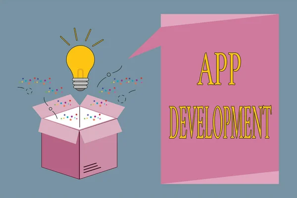 Εννοιολογική γραφή χέρι δείχνει App Ανάπτυξης. Επιχειρηματική φωτογραφία προβάλλοντας υπηρεσίες ανάπτυξης για φοβερό κινητό και web εμπειρίες — Φωτογραφία Αρχείου