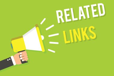 Kavramsal el ilgili bağlantılar gösterilen yazma. İş fotoğraf metin Web sitesi bir Web sayfası haç içine referans Hotlinks köprüler megafon hoparlör yeşil arka plan yüksek sesle konuşan tutan adam.