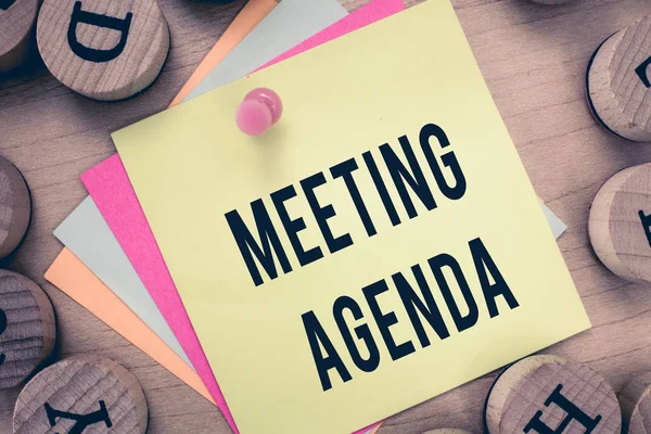 Text sign showing Meeting Agenda. Conceptual photo An agenda sets clear expectations for what needs to a meeting — Stock Photo, Image