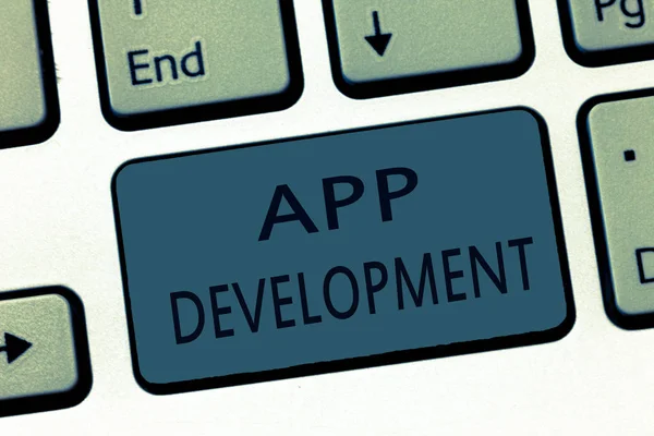 Texto para escrita de palavras App Development. Conceito de negócio para serviços de desenvolvimento para incríveis experiências móveis e web — Fotografia de Stock
