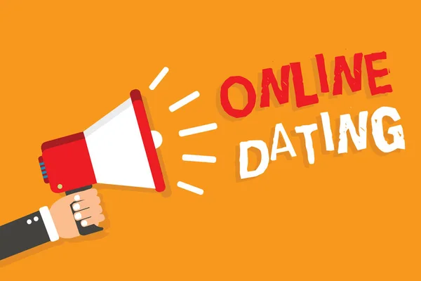 Conceptual hand writing showing Online Dating. Business photo showcasing Searching Matching Relationships eDating Video Chatting Man holding megaphone orange background message speaking. — Stock Photo, Image