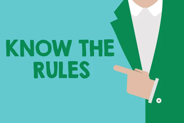 Escrita conceitual mostrando Know The Rules. Apresentação de fotos de negócios Aprenda o princípio ou as instruções aceitas para seguir — Fotografia de Stock