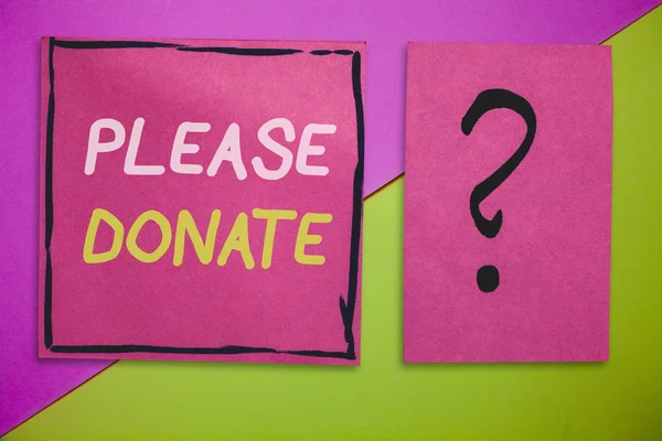 Escrever nota mostrando Por favor, doe. Foto de negócios mostrando Fornecimento Furnish Distribuir Contribuir Grant Aid to Charity — Fotografia de Stock