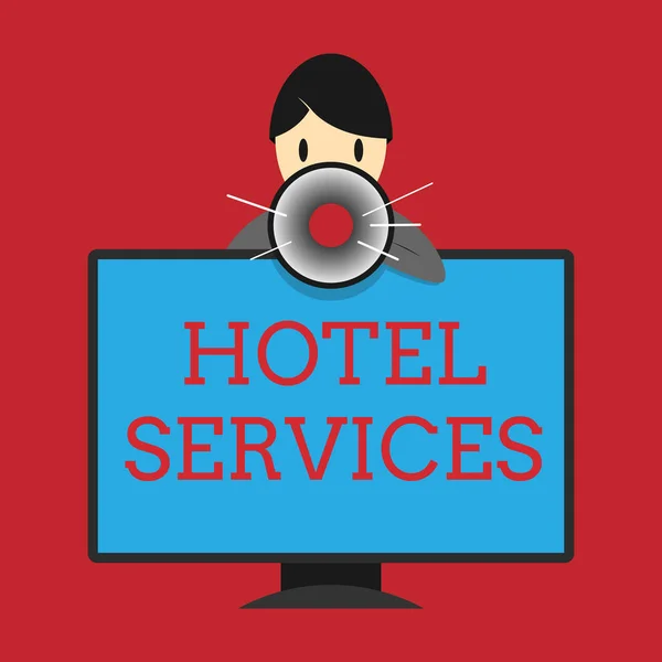 Escribiendo nota que muestra los servicios del hotel. Exposición de fotos de negocios Instalaciones Servicios de un alojamiento y alojamiento — Foto de Stock