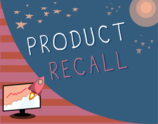 Nota de escrita mostrando Product Recall. Exibição de fotos de negócios Pedido de uma empresa para devolver o produto devido a algum problema — Fotografia de Stock