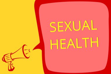 Cinsel sağlık gösterilen Not yazma. Yüksek sesle konuşan sağlıklı vücut tatmin edici cinsel hayat olumlu ilişkiler megafon hoparlör konuşma balonu önemli mesaj vitrine iş fotoğraf.