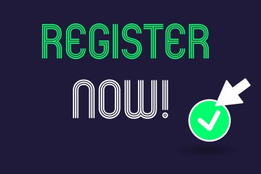 Kavramsal el Register Now gösterilen yazma. İş fotoğraf metin adına bir resmi liste bir üye olmak için listeleme