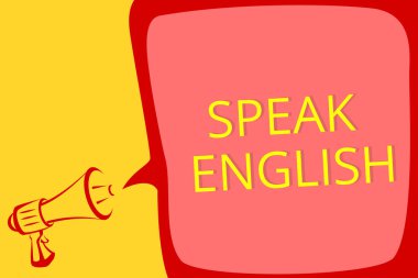 Speak İngilizce gösterilen Not yazma. İş fotoğraf vitrine çalışma yüksek sesle konuşan başka bir yabancı dil Online sözel dersler megafon hoparlör konuşma balonu önemli mesaj.