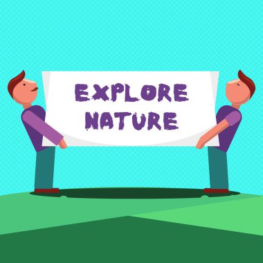 Metin işareti doğayı keşfetmeyi gösteriyor. Kavramsal fotoğraf kırsal bölgeleri keşfediyor vahşi hayatın tadını çıkarıyor.