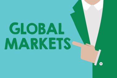 Global Market 'i gösteren kavramsal el yazısı. Dünya 'nın her yerinde ticari mal ve hizmetlerin sergilendiği bir iş fotoğrafı.