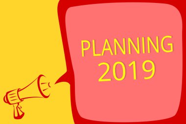 Planlama 2019 gösterilen Not yazma. Begin sonunda yüksek sesle konuşan zihin konumlandırma uzun vadeli hedefleri megafon hoparlör konuşma balonu önemli mesaj ile vitrine iş fotoğraf.