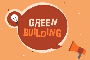 Yeşil Bina 'yı gösteren kavramsal el yazısı. Çevreye duyarlı sürdürülebilir bir yapıyı gösteren iş fotoğrafı