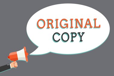 Word yazı metni özgün kopya. İş kavramı ana komut dosyası baskısız markalı patentli Master listesi megafon hoparlör konuşma balonu mesajı yüksek sesle konuşan tutan adam için.