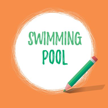 Yüzme havuzunu gösteren bir not yazıyorum. Eğlence faaliyetleri için su tutmak üzere tasarlanmış iş fotoğrafı sergisi yapısı