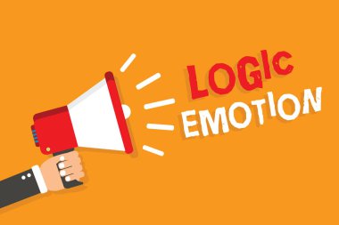 Kavramsal el mantık duygu gösterilen yazma. Öz saygı makul zihin megafon turuncu arka plan ileti konuşan tutan adam için iş fotoğraf hoş olmayan duygular vitrine döndü.