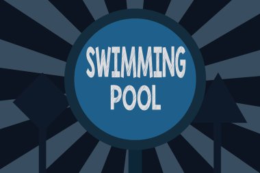 Metin işareti yüzme havuzunu gösteriyor. Boş zaman aktiviteleri için su tutmak üzere tasarlanmış kavramsal fotoğraf yapısı