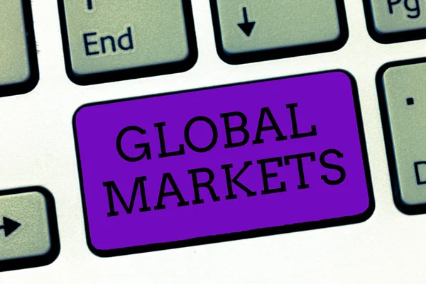 Εννοιολογική γραφή με το χέρι που δείχνει τις παγκόσμιες αγορές. Επαγγελματικό φωτογραφικό κείμενο Εμπορία αγαθών και υπηρεσιών σε όλες τις χώρες του κόσμου — Φωτογραφία Αρχείου
