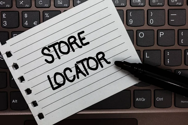 Tekst teken tonen Store Locator. Conceptuele foto om te weten het contactpersoonnummer adres en openingstijden Notebook stuk papier toetsenbord inspiratie ideeën Typ computer zwarte marker. — Stockfoto