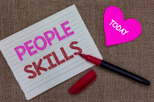 Handwriting text writing People Skills. Concept meaning Get Along well Effective Communication Rapport Approachable Piece notebook paper heart jute background open marker Communicating ideas. — Stock Photo, Image
