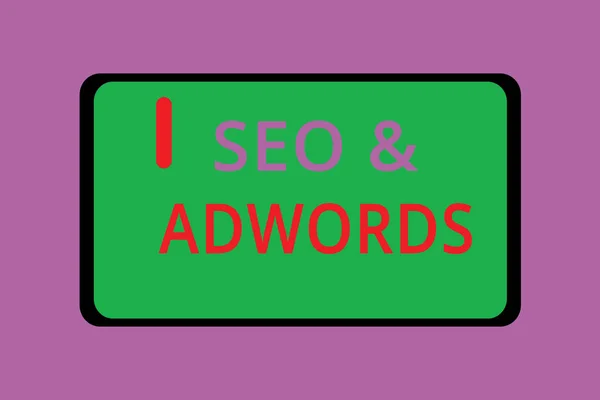 Escrevendo nota mostrando Seo e Adwords. Foto de negócios mostrando Pay per click Marketing digital Google Adsense — Fotografia de Stock