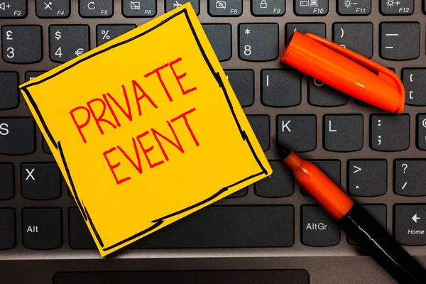 Writing note showing Private Event. Business photo showcasing Exclusive Reservations RSVP Invitational Seated Yellow paper keyboard Inspiration communicate ideas orange markers. — Stock Photo, Image