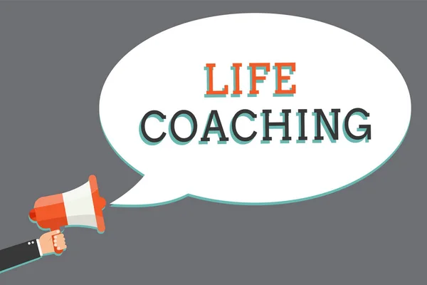 Word writing text Life Coaching. Business concept for Improve Lives by Challenges Encourages us in our Careers Man holding megaphone loudspeaker speech bubble message speaking loud.